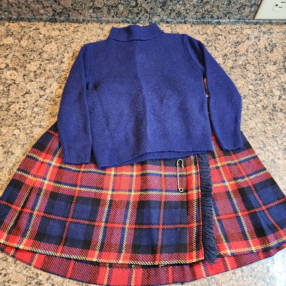 Vintage Girls Blue Sweater and Red And Blue Tartan Plaid Skirt Set